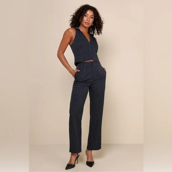 Lulus Confident Appeal Navy Blue Pinstripe High-Rise Pants - Picture 3 of 7